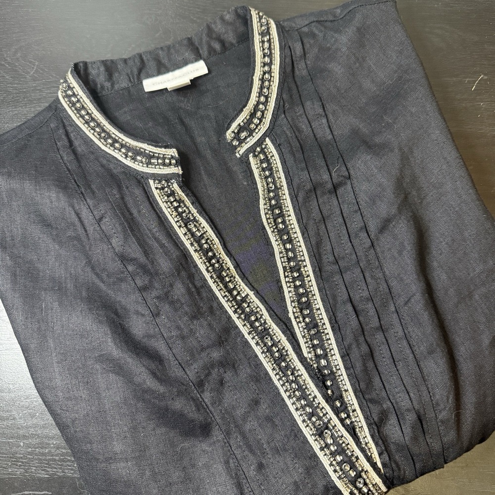 Womens XS Linen Shirt Tunic Black Embellished V-neck 3/4 Sleeve Top New Tags